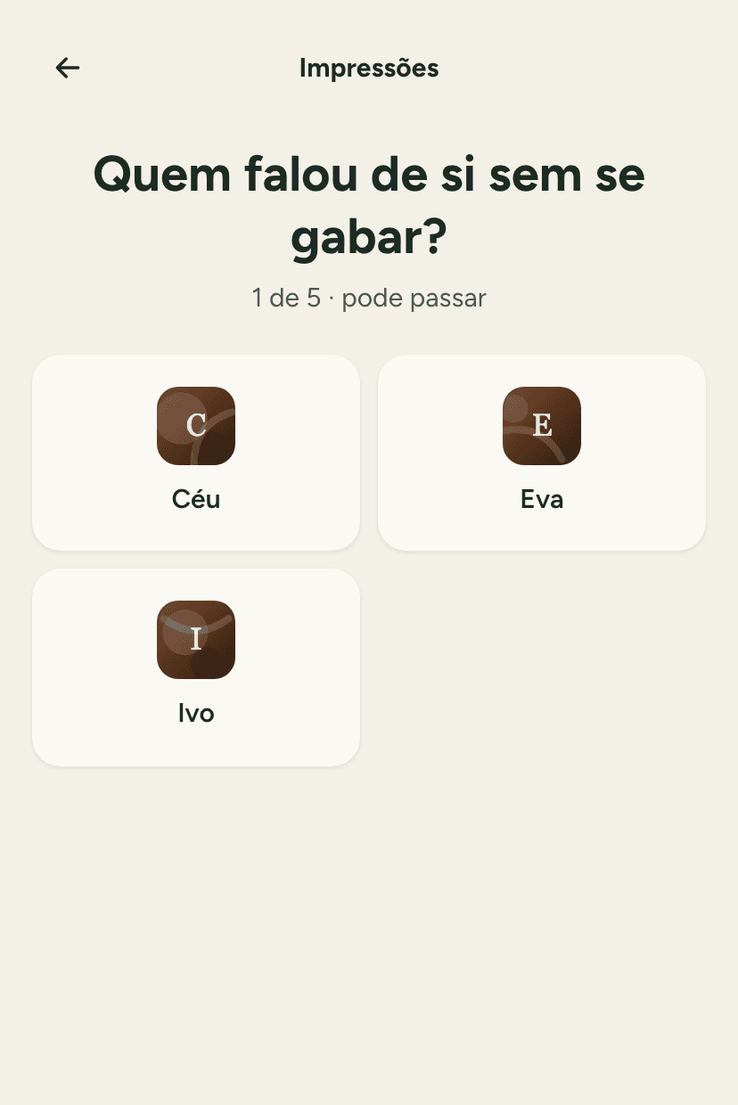 O ecrã de depois do jantar, onde diz o que achou de cada pessoa da mesa