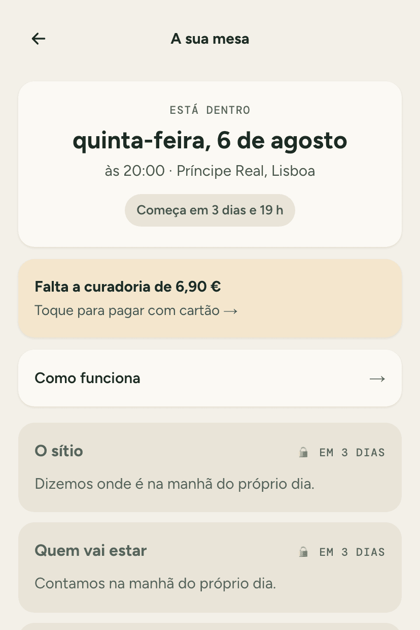 A página da mesa com os cadeados ainda fechados
